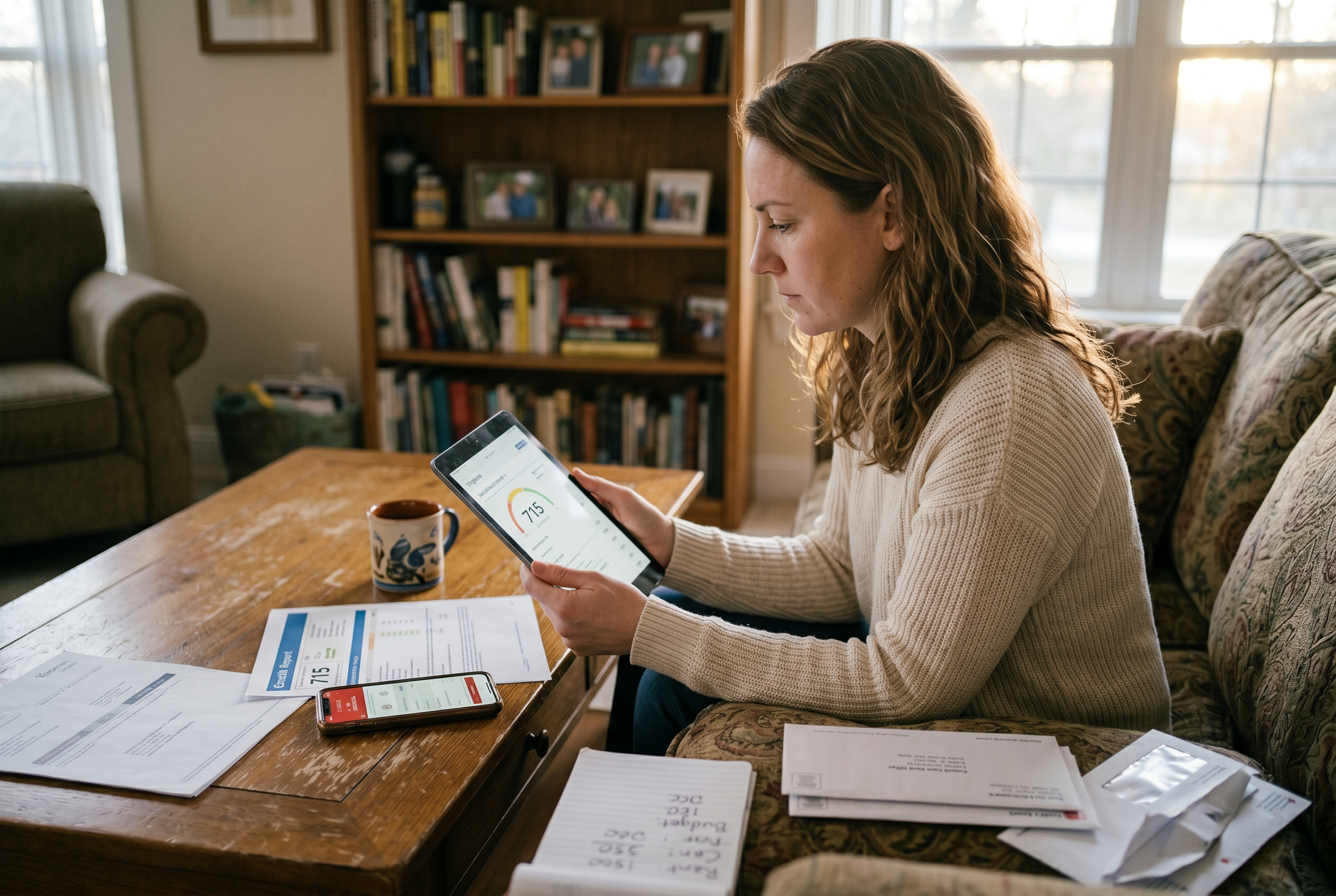 Woman on a living room couch reviewing a 715 credit score on a tablet, exploring how a credit score affects your life.