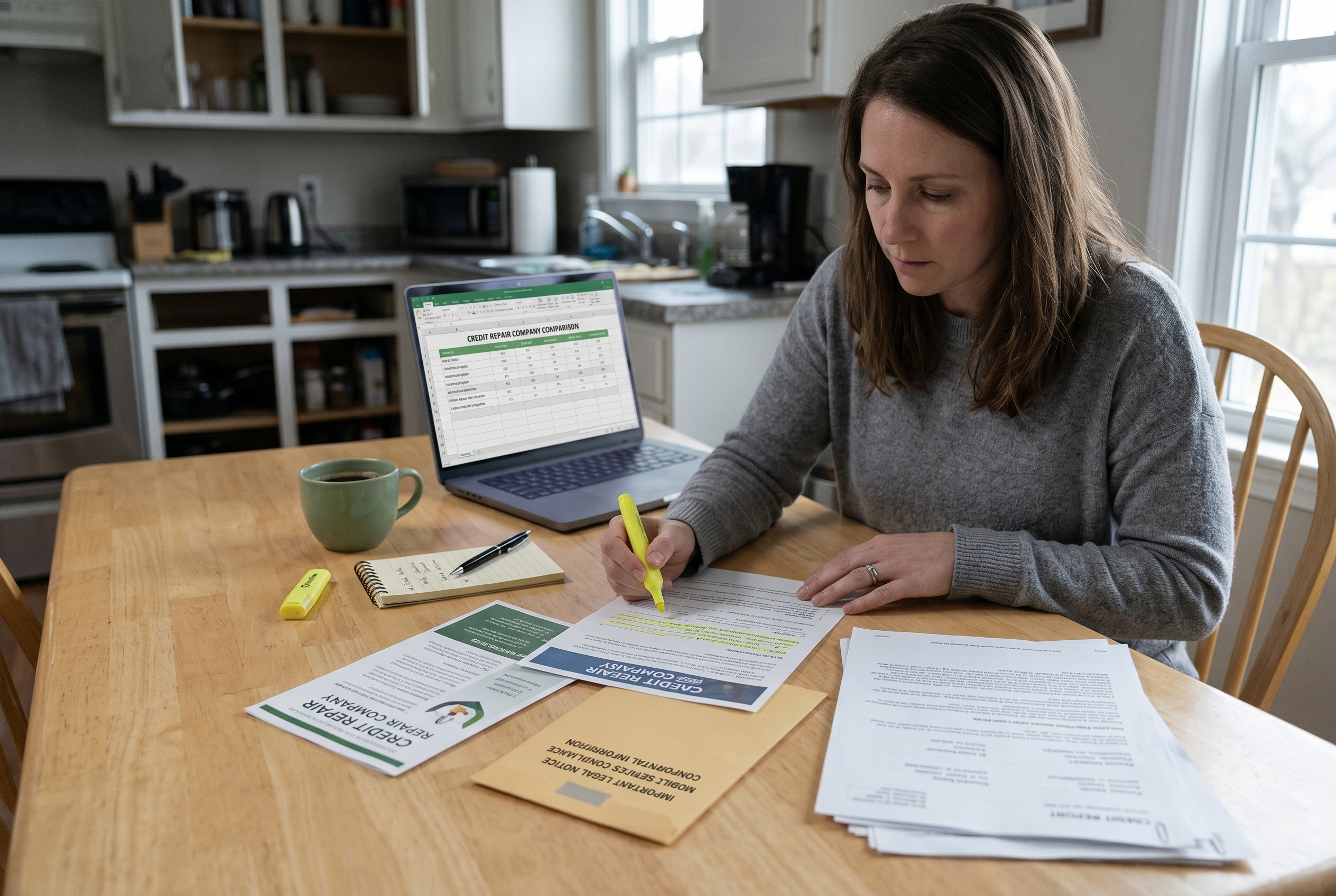 Woman at a kitchen table highlighting brochures while comparing best credit repair companies for bad credit on a laptop spreadsheet.