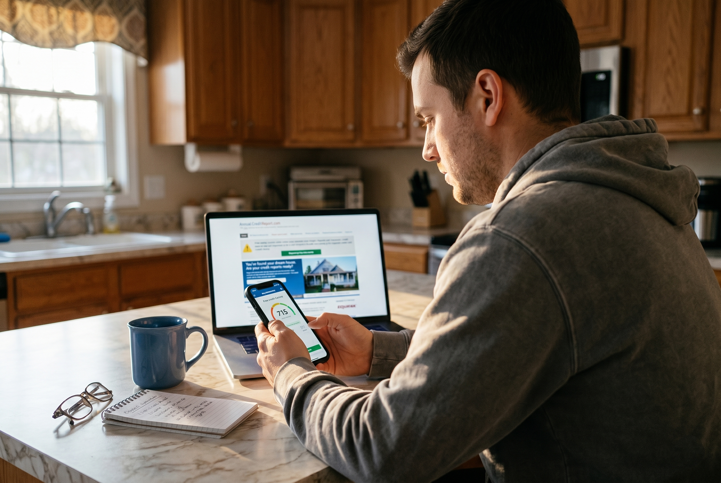 Man at a kitchen counter checking a 715 credit score on his phone and questioning whether his credit score will drop when he checks it.