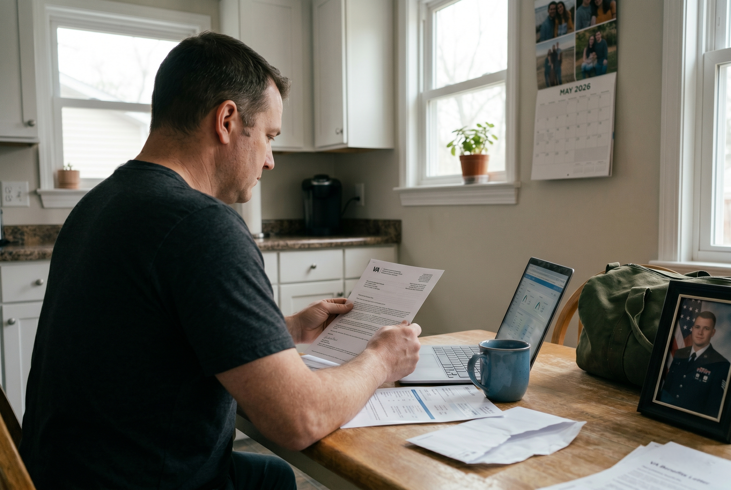 U.S. military veteran at a kitchen table reviewing a VA letter and laptop while researching credit repair for veterans.