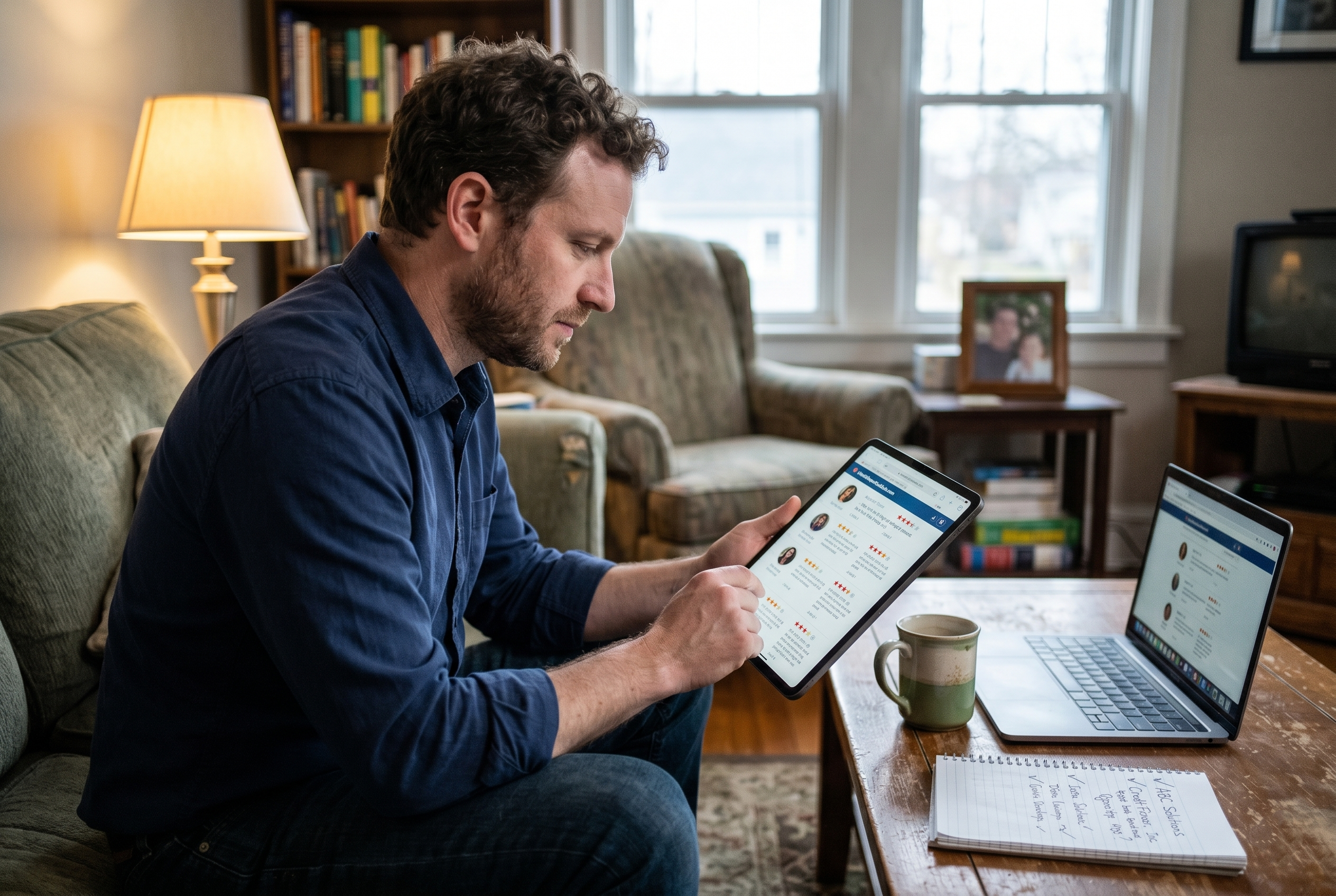 Man on a living room couch reading credit repair reviews on a tablet with a laptop and notepad nearby.