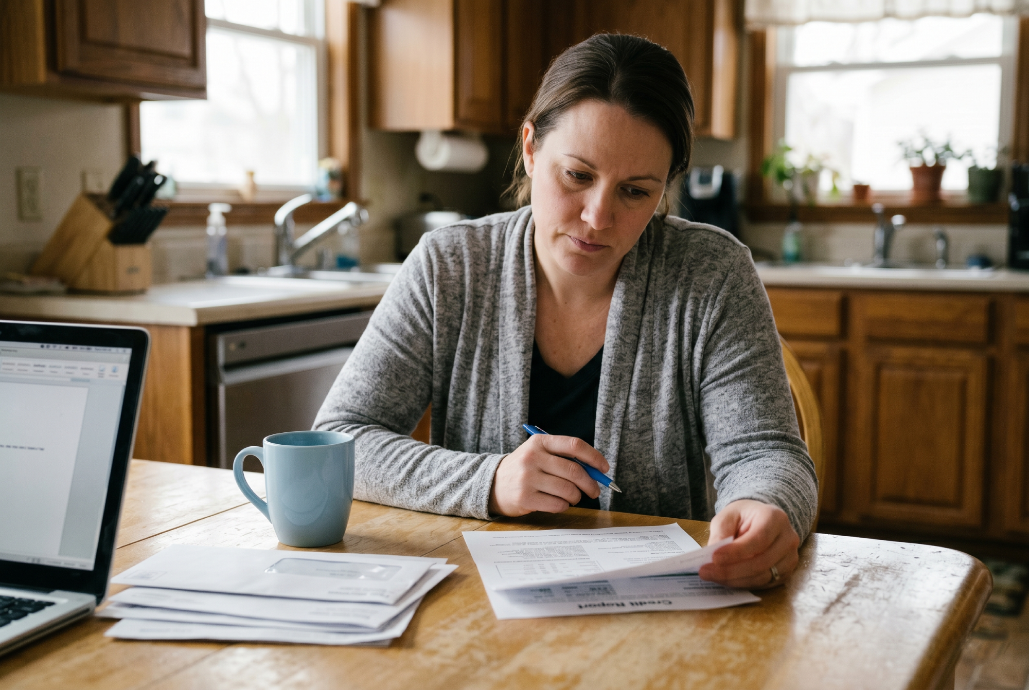 Woman reading a printed credit report at her kitchen table while researching whether credit repair is still regulated under federal law.