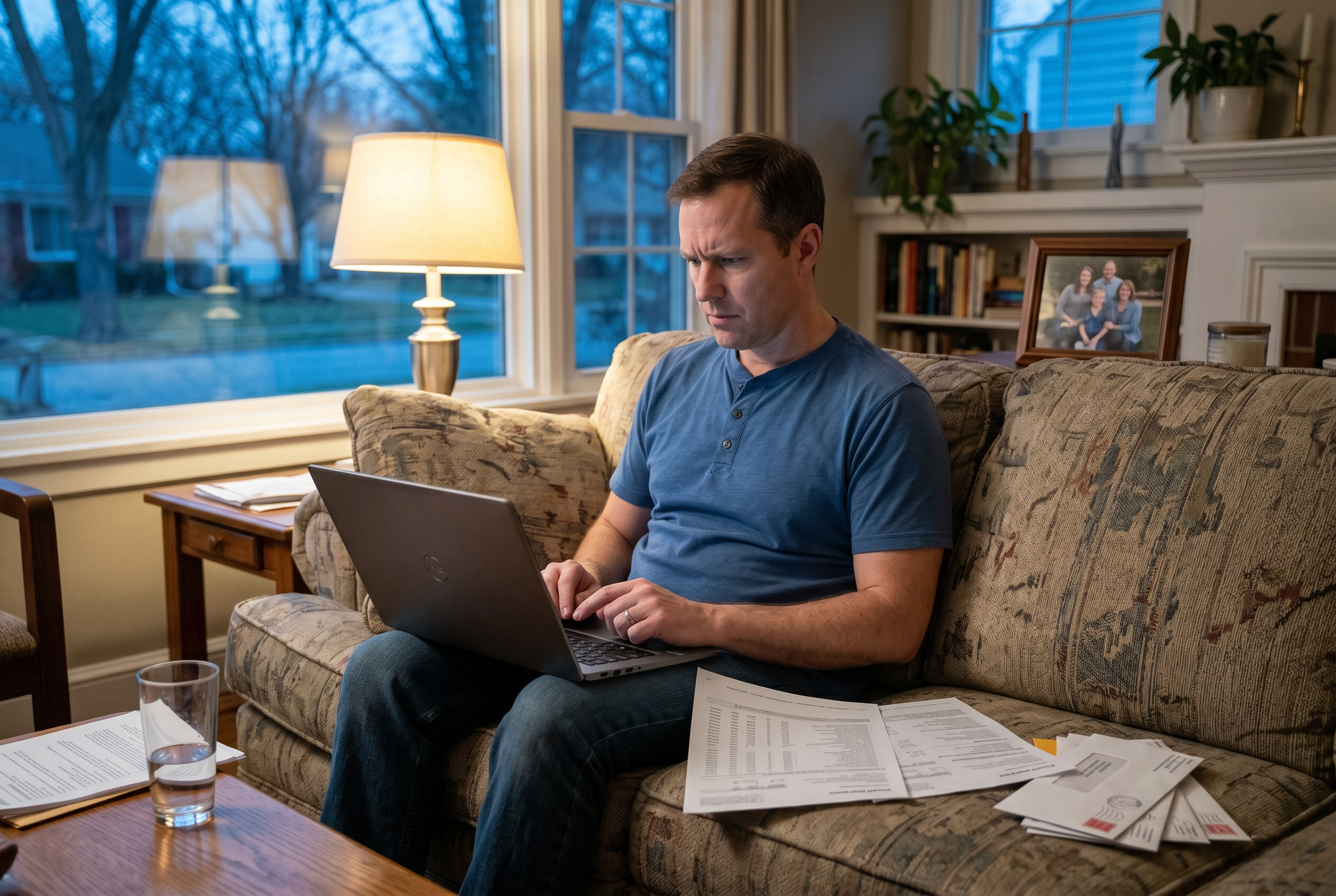 Man working on his laptop with printed credit reports beside him while researching his consumer rights under the Fair Credit Reporting Act.