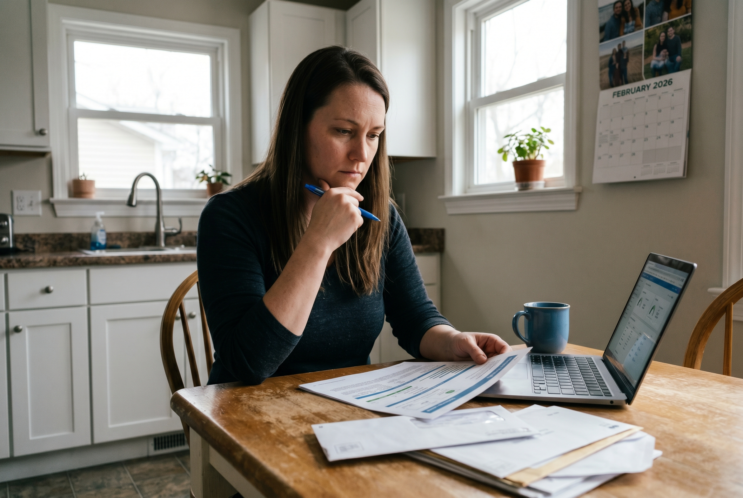 Woman at kitchen table reviewing credit report and laptop while learning how to repair credit fast.
